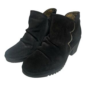 Fly London Yip Black Suede Wedge Ankle Booties Size 41